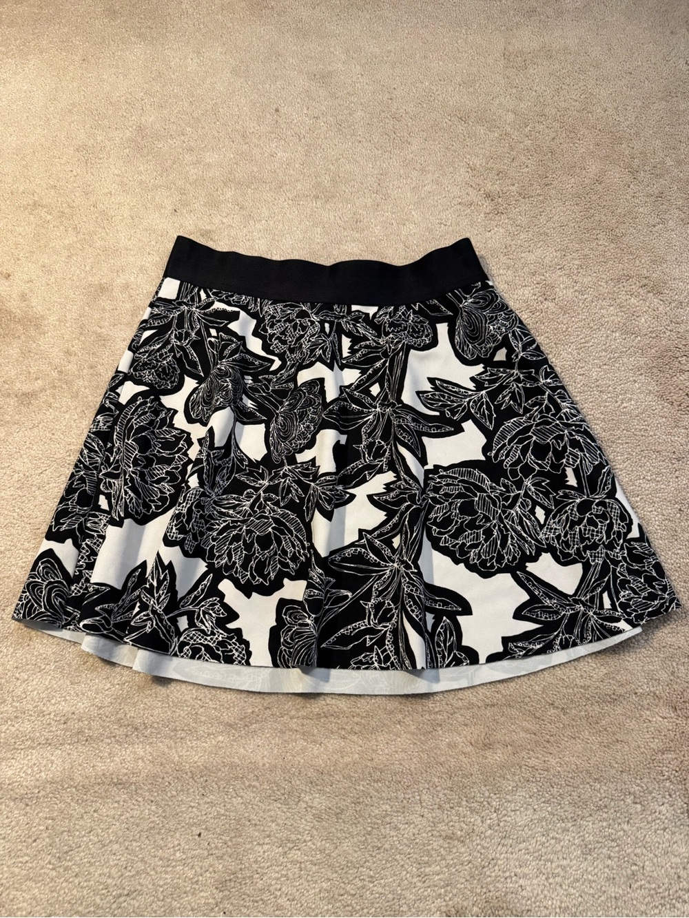 Express Black and White Floral Skater Skirt with Black Waistband